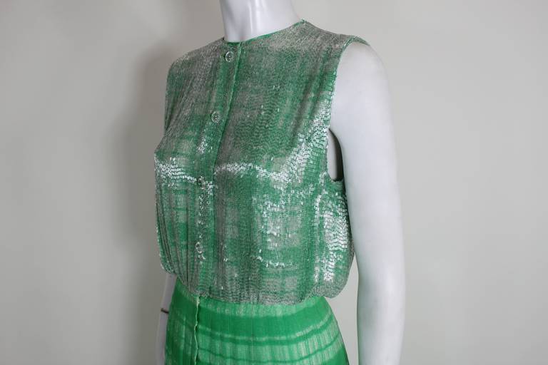Women's 1960s Galanos Emerald Green Tartan Gown with Beaded Bodice