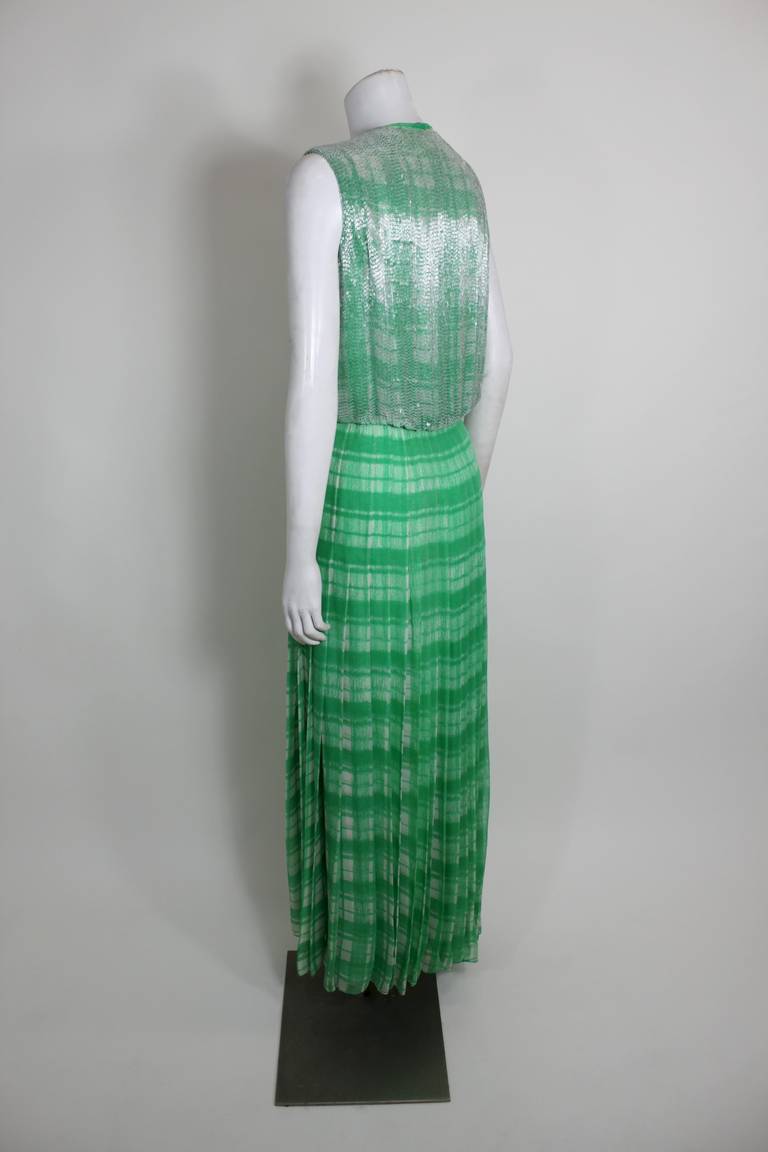 1960s Galanos Emerald Green Tartan Gown with Beaded Bodice 1