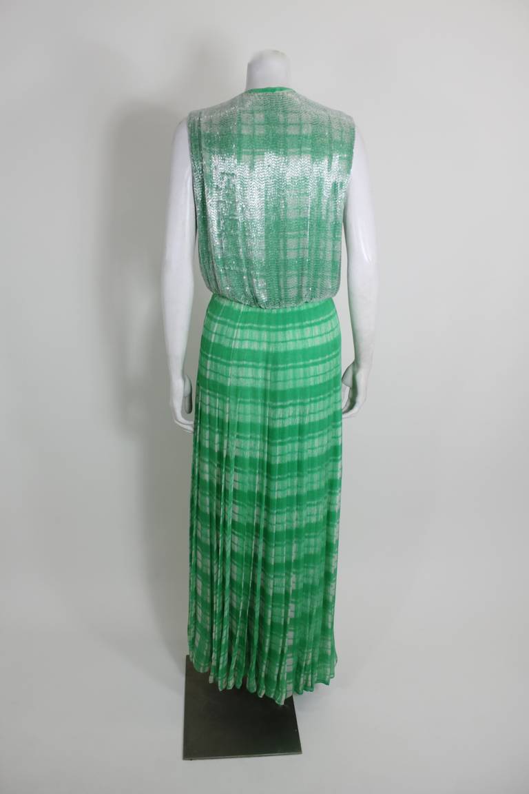 1960s Galanos Emerald Green Tartan Gown with Beaded Bodice 2