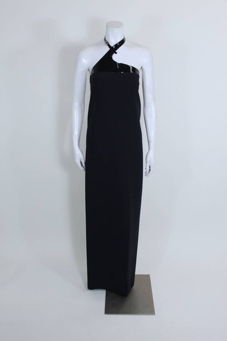 Gucci Black Column Gown with Patent Leather Snake Halter In Excellent Condition In Los Angeles, CA