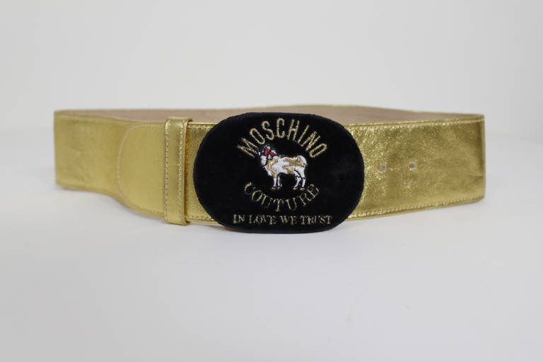 Black Moschino 1990s Velvet Buckle Gold Leather Belt  For Sale