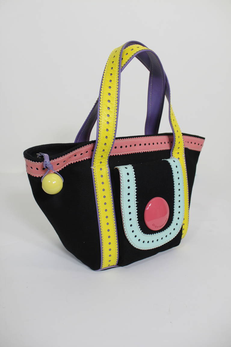 Black Moschino 1990s Canvas & Leather Pastel Handbag For Sale