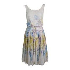 Eatly 1960s Cream and Pastel Beaded Floral Chiffon Dress