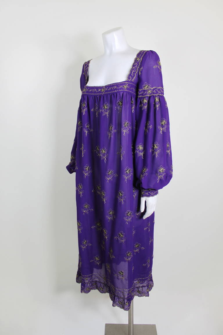 1970s Sant'Angelo Royal Purple Chiffon Peasant Dress with Gold Embroidery In Excellent Condition In Los Angeles, CA