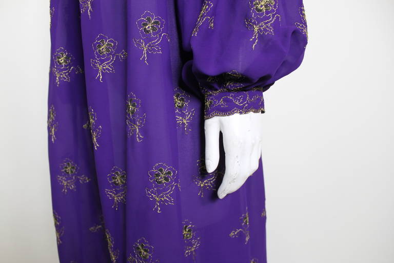 Women's 1970s Sant'Angelo Royal Purple Chiffon Peasant Dress with Gold Embroidery