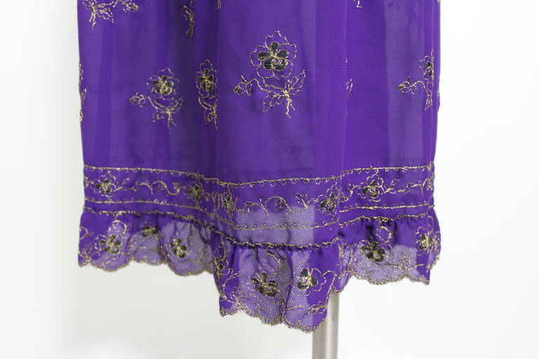 1970s Sant'Angelo Royal Purple Chiffon Peasant Dress with Gold Embroidery 1