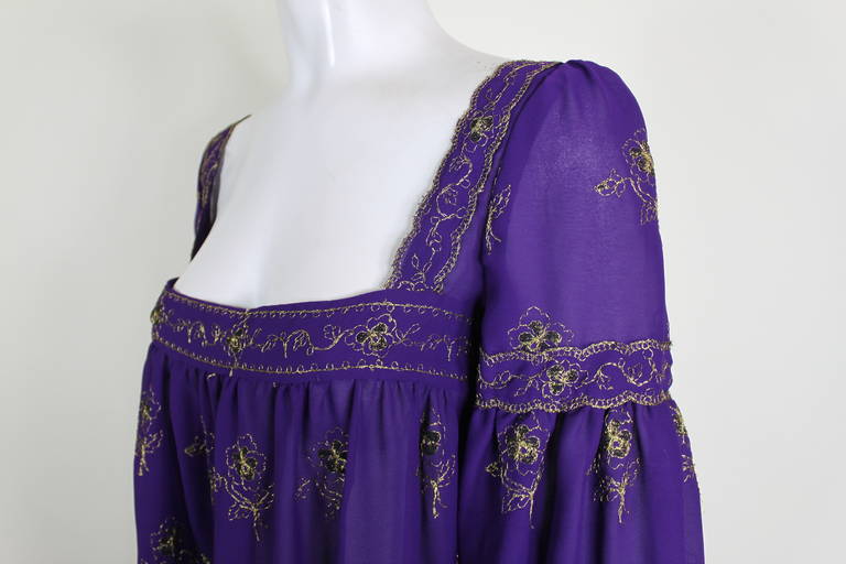 1970s Sant'Angelo Royal Purple Chiffon Peasant Dress with Gold Embroidery 2