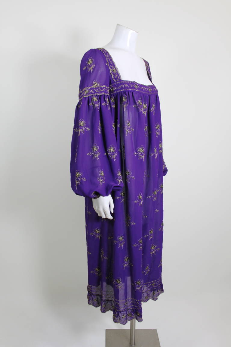 1970s Sant'Angelo Royal Purple Chiffon Peasant Dress with Gold Embroidery 3