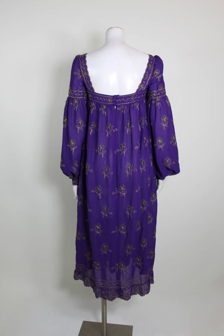 1970s Sant'Angelo Royal Purple Chiffon Peasant Dress with Gold Embroidery 4