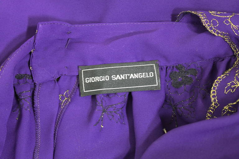 1970s Sant'Angelo Royal Purple Chiffon Peasant Dress with Gold Embroidery 5