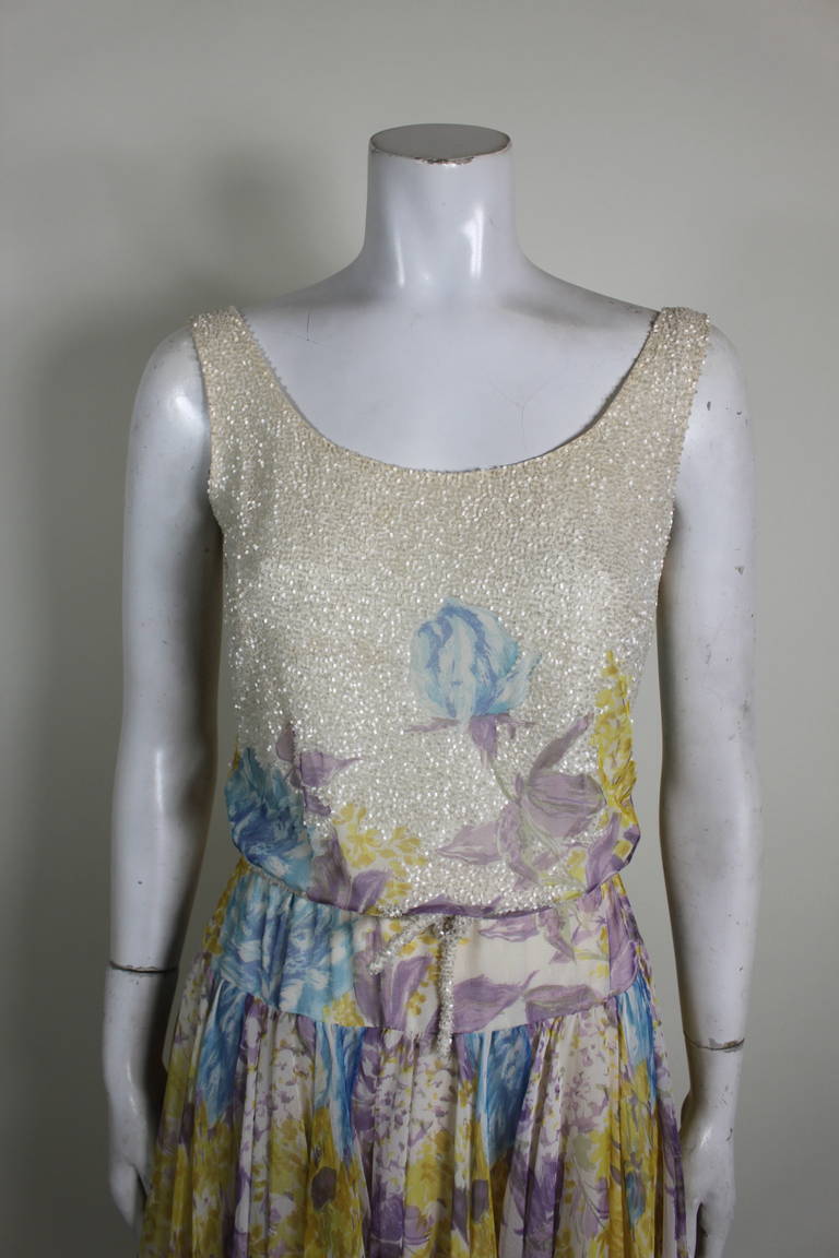 Eatly 1960s Cream and Pastel Beaded Floral Chiffon Dress In Excellent Condition In Los Angeles, CA