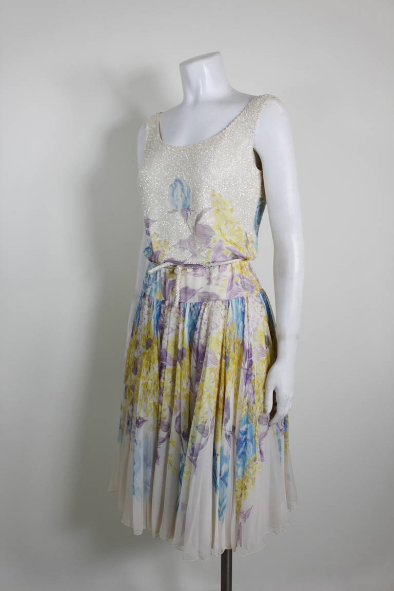 Women's Eatly 1960s Cream and Pastel Beaded Floral Chiffon Dress