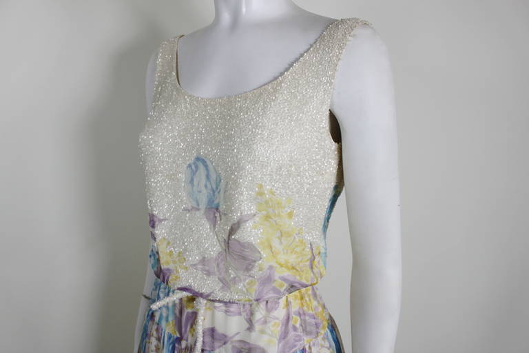 Eatly 1960s Cream and Pastel Beaded Floral Chiffon Dress 2