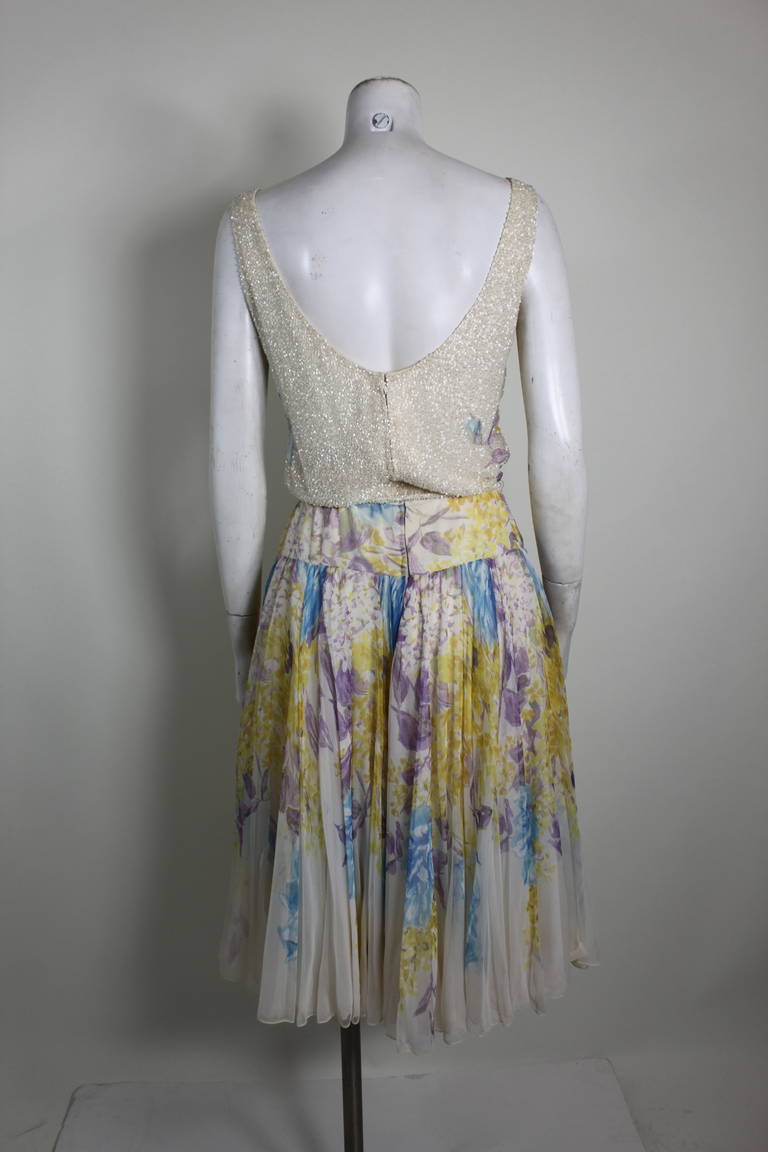 Eatly 1960s Cream and Pastel Beaded Floral Chiffon Dress 3