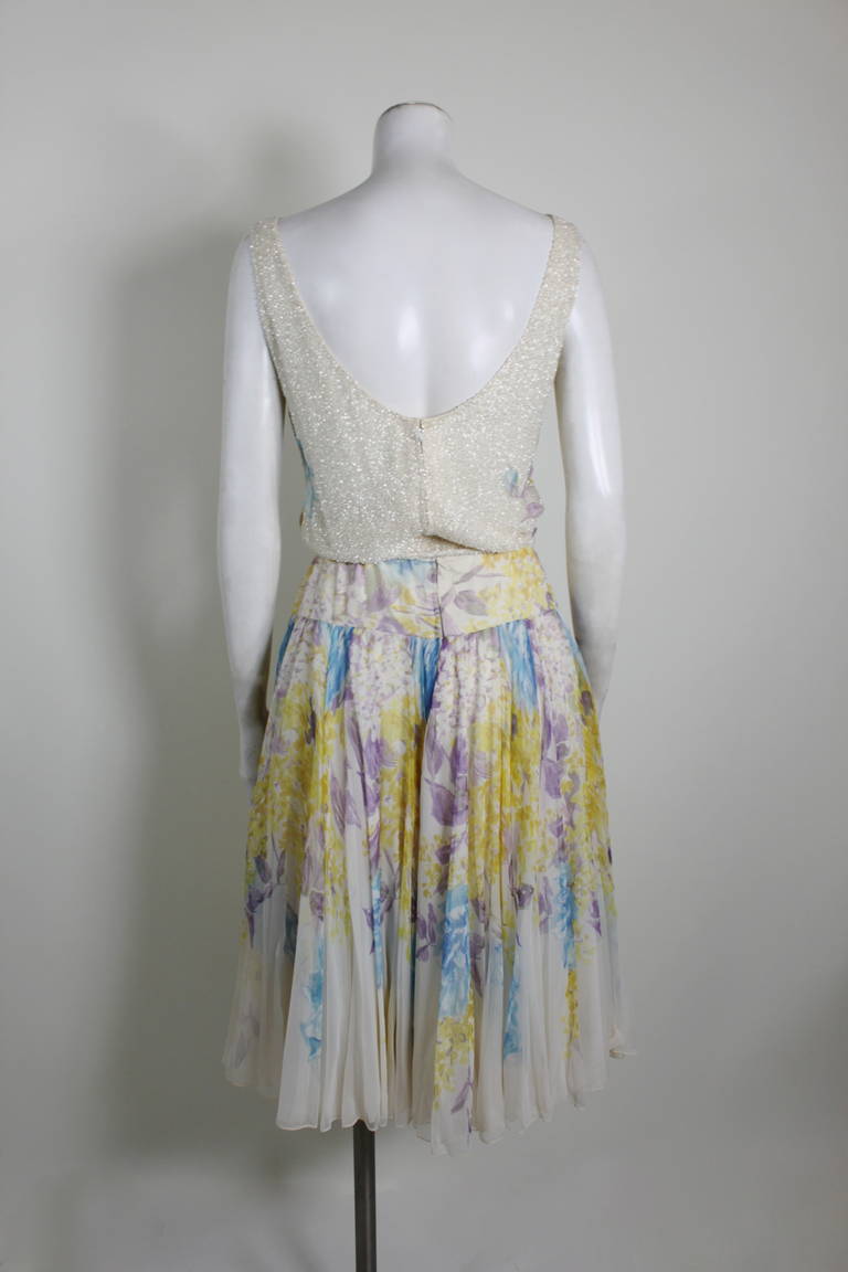 Eatly 1960s Cream and Pastel Beaded Floral Chiffon Dress 4