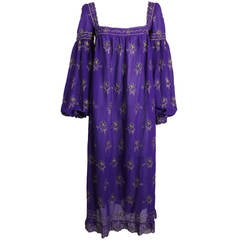 1970s Sant'Angelo Royal Purple Chiffon Peasant Dress with Gold Embroidery