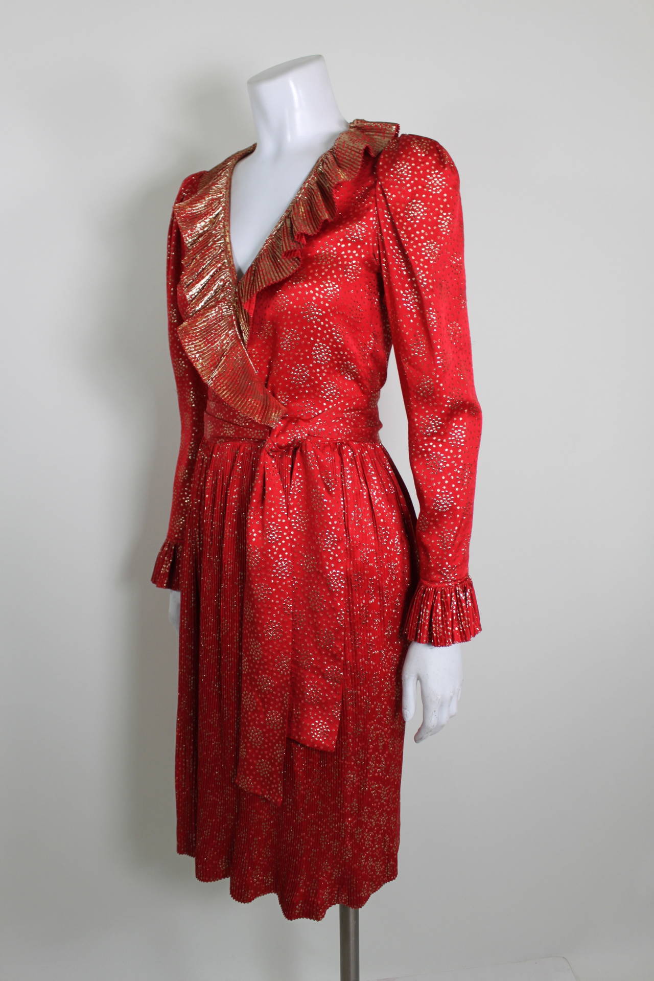 YSL 1970s Red and Gold Lamé Ruffled Ensemble In Excellent Condition For Sale In Los Angeles, CA