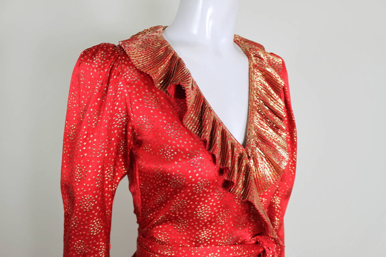 Women's YSL 1970s Red and Gold Lamé Ruffled Ensemble For Sale