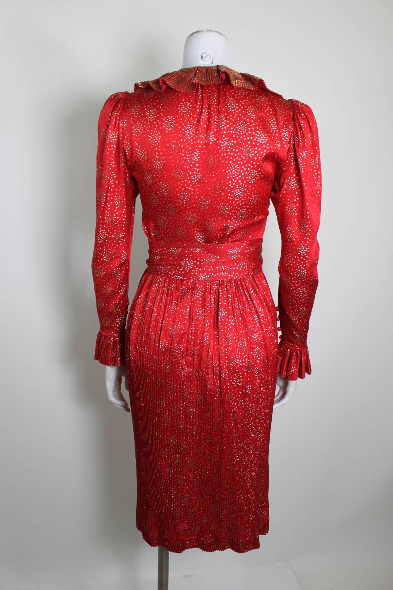 YSL 1970s Red and Gold Lamé Ruffled Ensemble For Sale 2