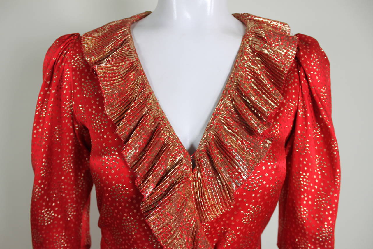 YSL 1970s Red and Gold Lamé Ruffled Ensemble For Sale 5