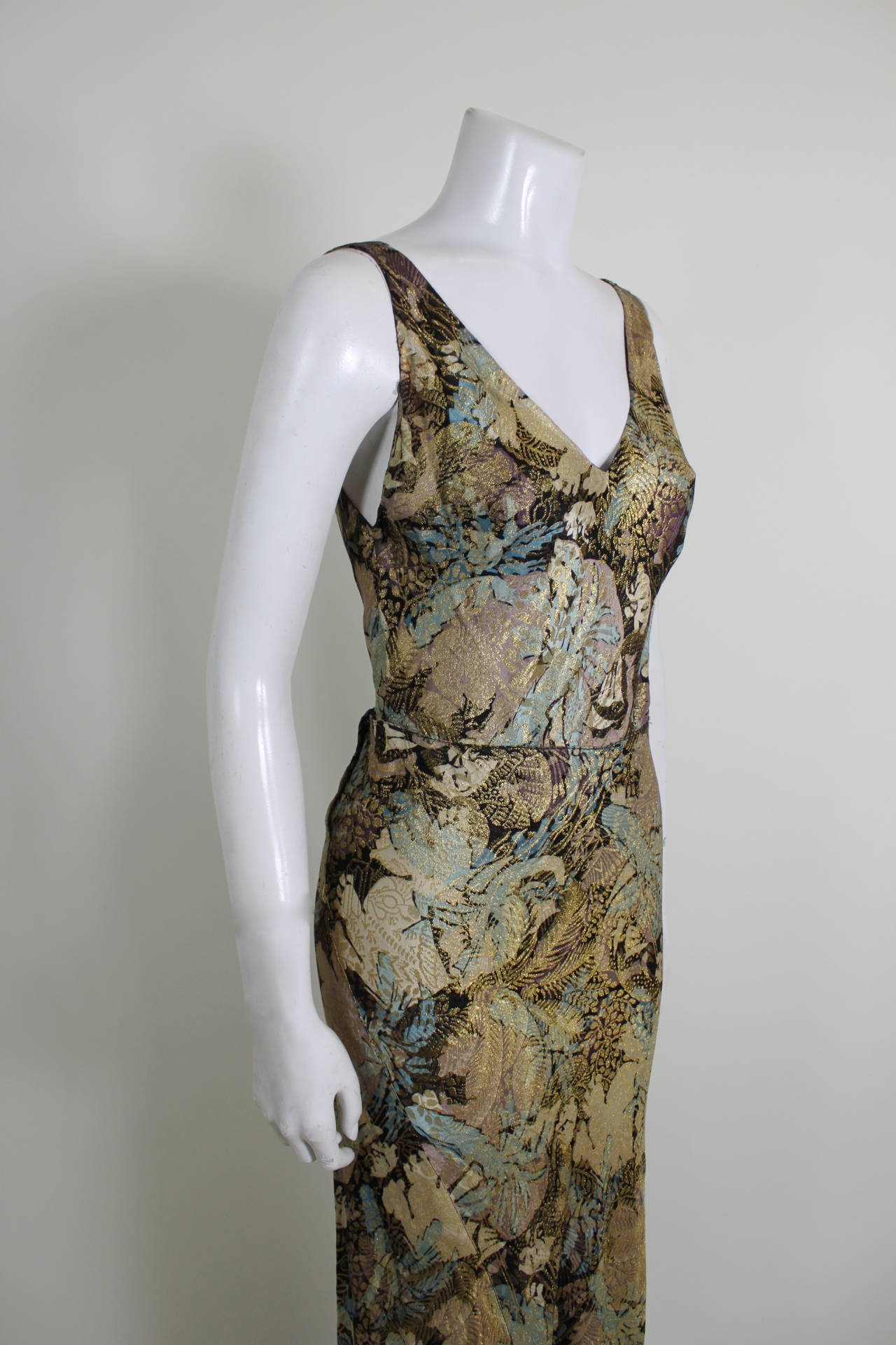 Black 1930s Stunning Botanical Bias Cut Lamé Gown with Train For Sale