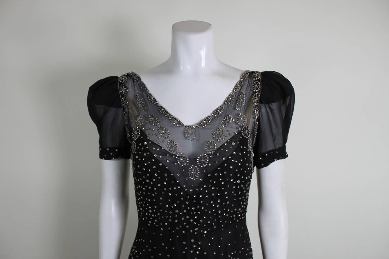 1930s Gorgeous Chiffon Gown with Rhinestone Starbursts In Excellent Condition In Los Angeles, CA