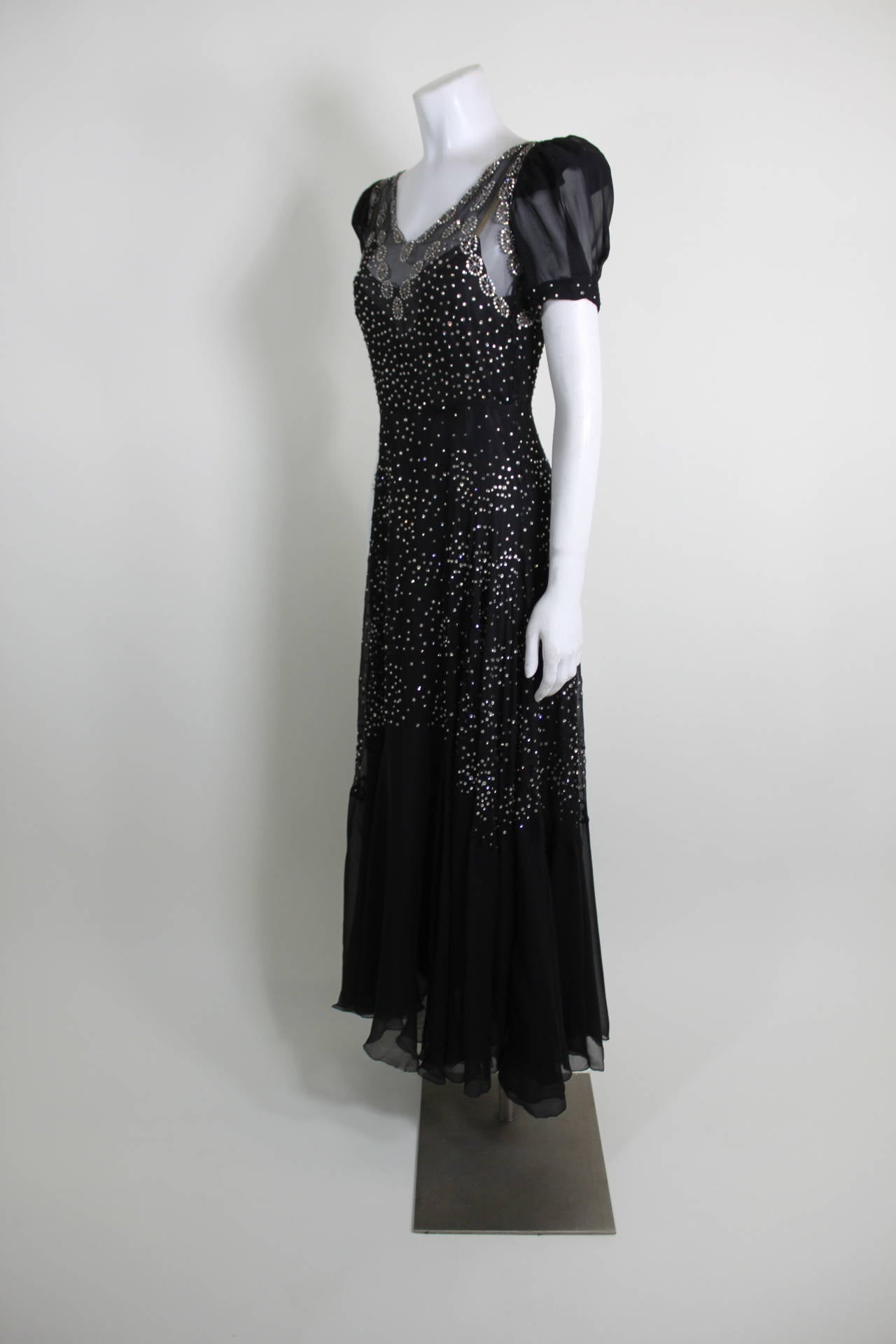 1930s Gorgeous Chiffon Gown with Rhinestone Starbursts 2