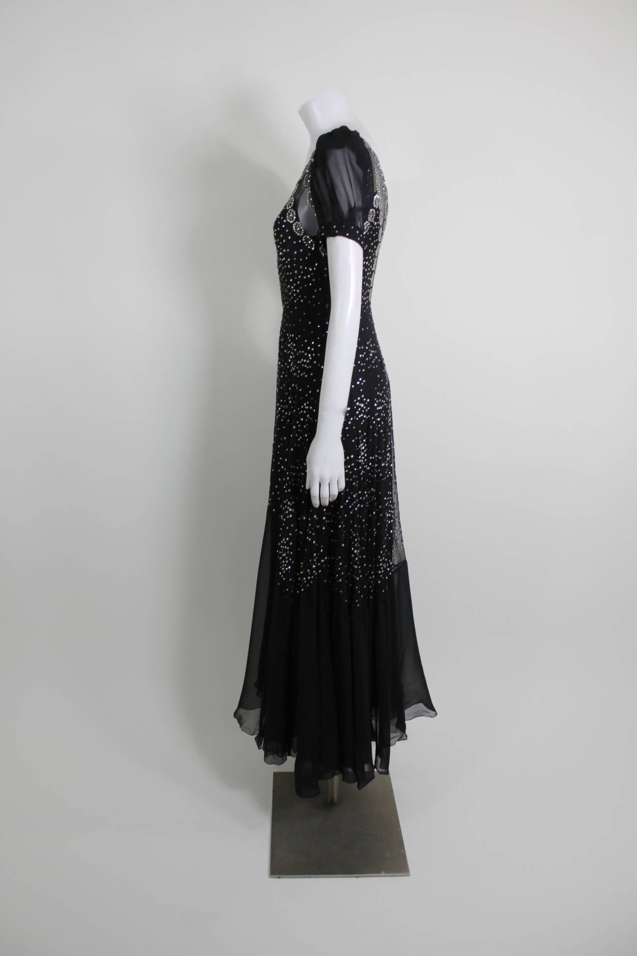 1930s Gorgeous Chiffon Gown with Rhinestone Starbursts 3