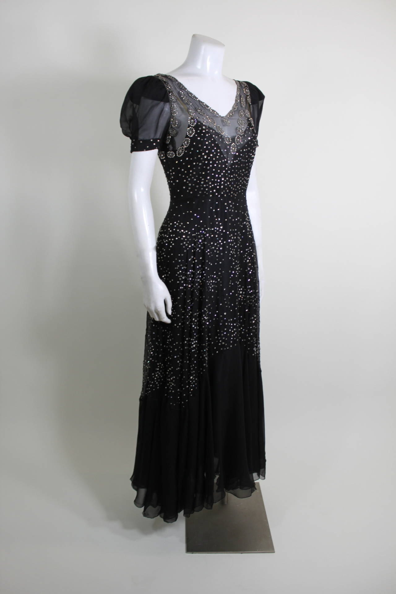 1930s Gorgeous Chiffon Gown with Rhinestone Starbursts 6