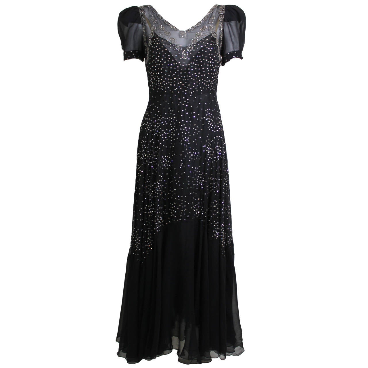 1930s Gorgeous Chiffon Gown with Rhinestone Starbursts