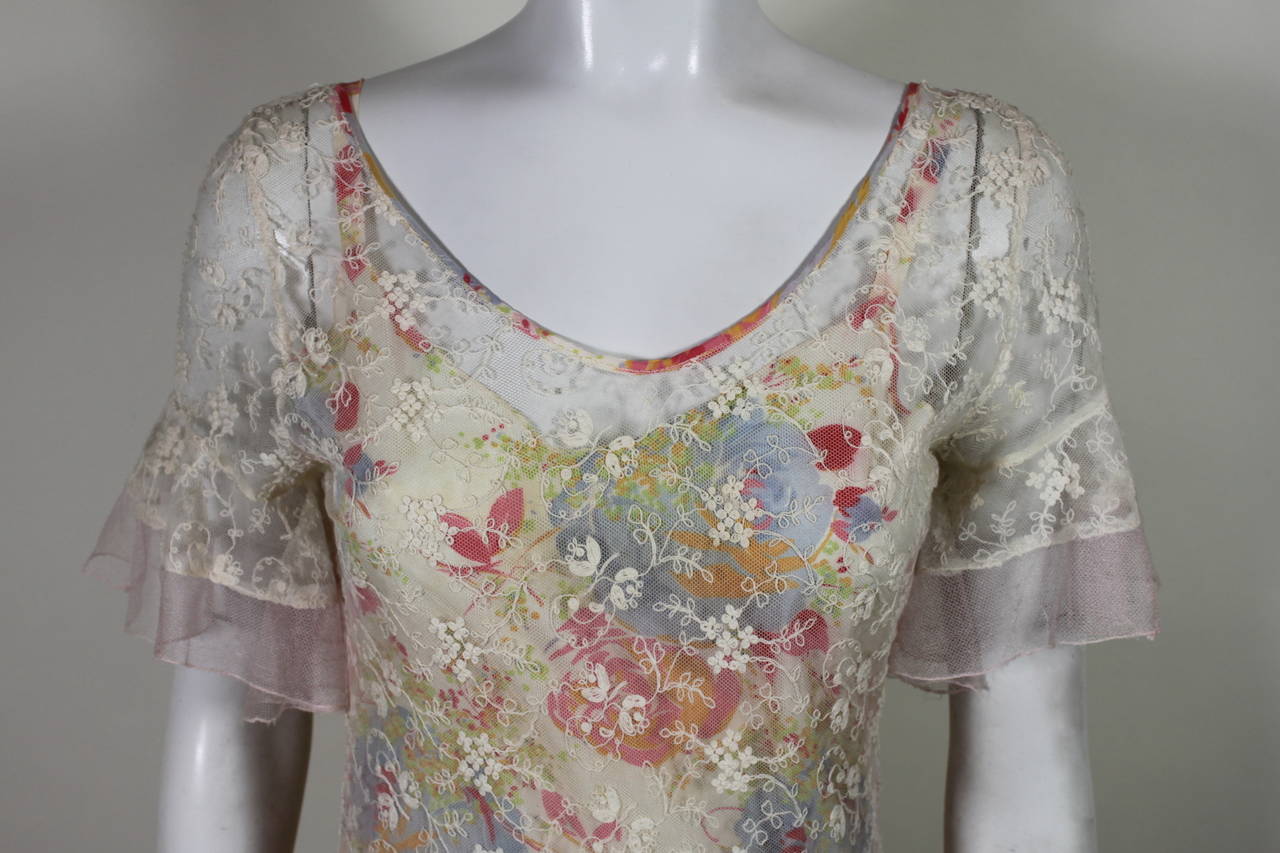 1930s Gorgeous Garden Gown with Floral Net Overlay In Excellent Condition For Sale In Los Angeles, CA