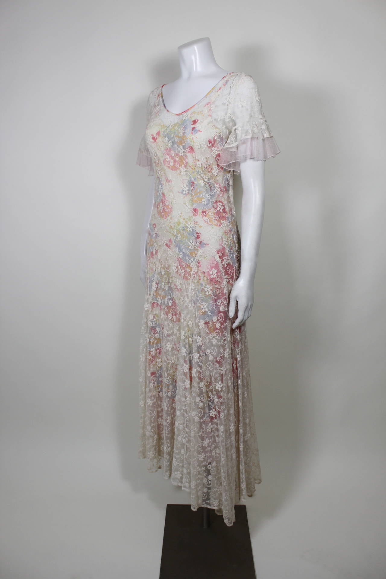 Women's 1930s Gorgeous Garden Gown with Floral Net Overlay For Sale