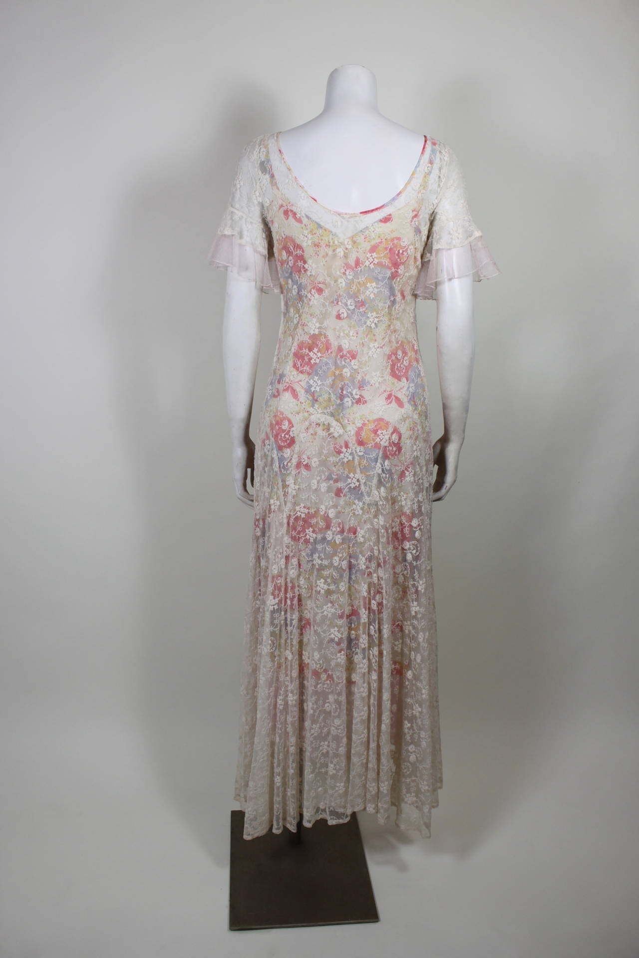 1930s Gorgeous Garden Gown with Floral Net Overlay For Sale 1