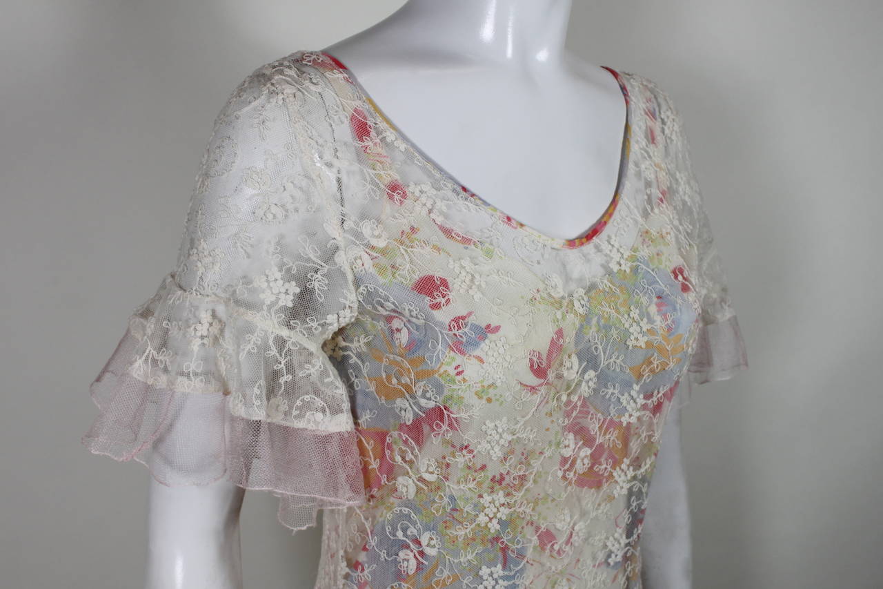 1930s Gorgeous Garden Gown with Floral Net Overlay For Sale 3