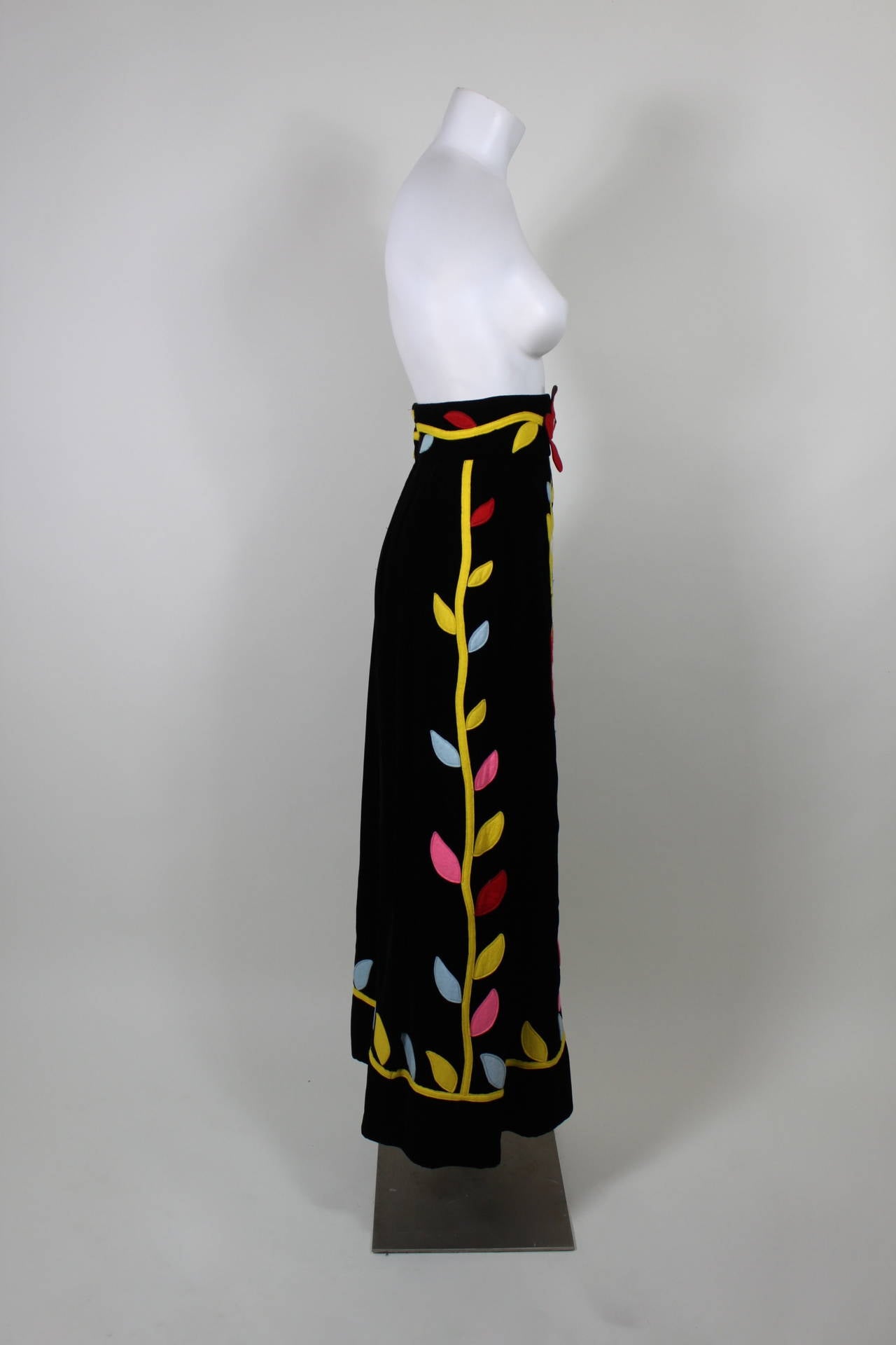 1960s Malcolm Starr High Waisted Black Velvet Skirt with Mod Floral Appliqué 1