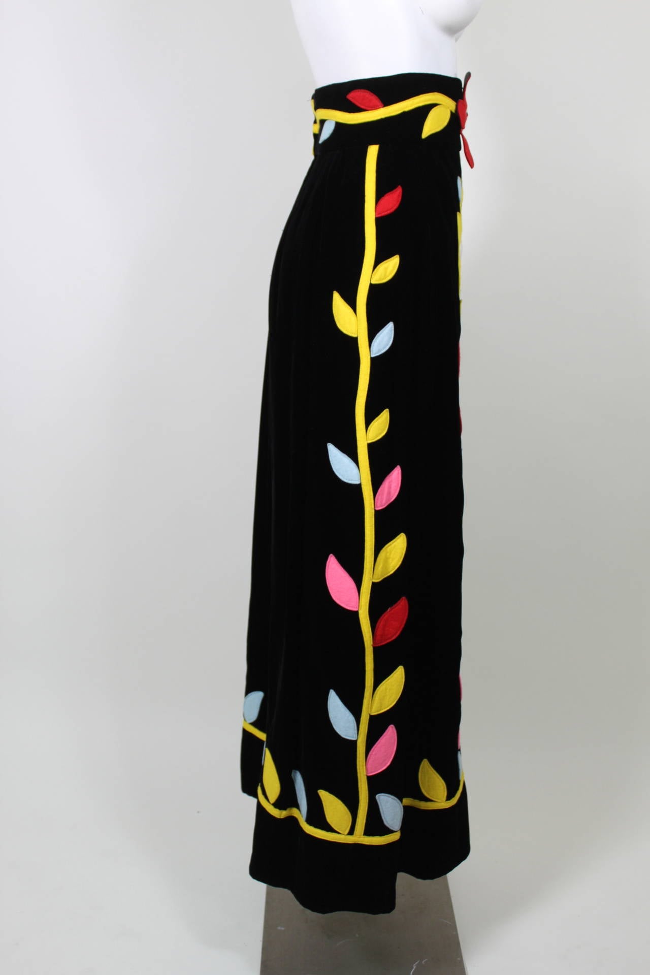 1960s Malcolm Starr High Waisted Black Velvet Skirt with Mod Floral Appliqué 2