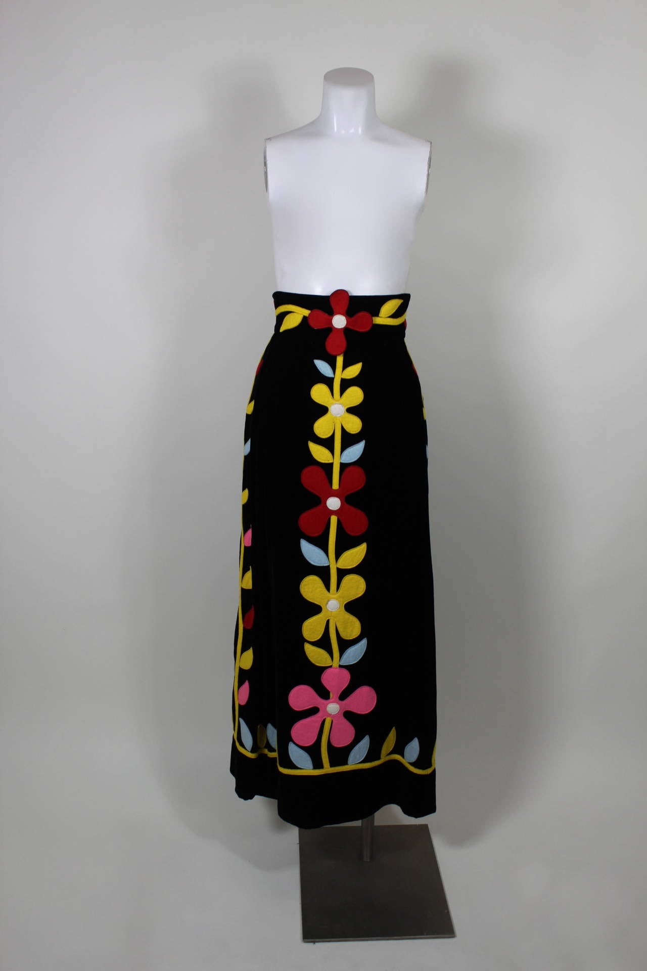 1960s Malcolm Starr High Waisted Black Velvet Skirt with Mod Floral Appliqué 3