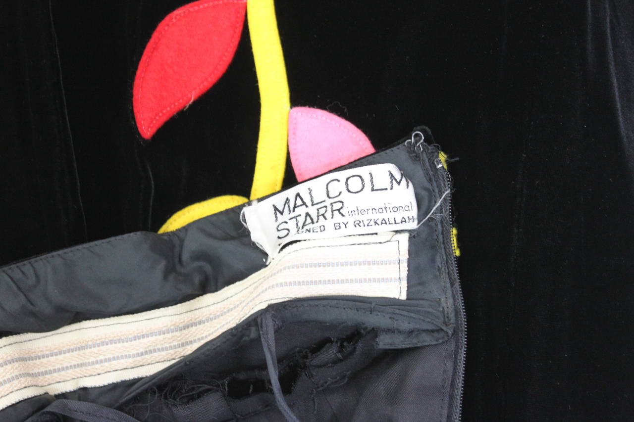1960s Malcolm Starr High Waisted Black Velvet Skirt with Mod Floral Appliqué 4