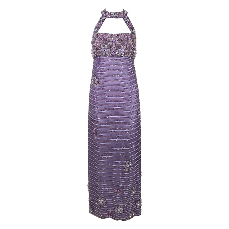 1990s Lavender Floral Motif Sequined & Beaded Gown For Sale
