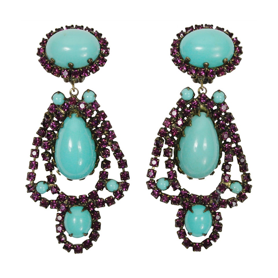 Kenneth Jay Lane 1960s Faux Turquoise and Plum Rhinestone Earrings For Sale