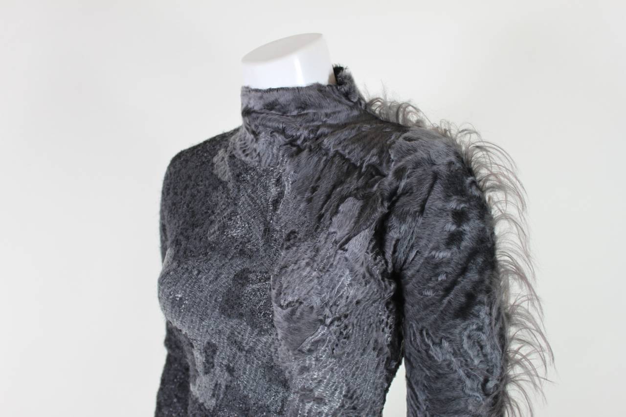 Black Ferré 1990s Gray Knit and Multi-Fur Minidress For Sale