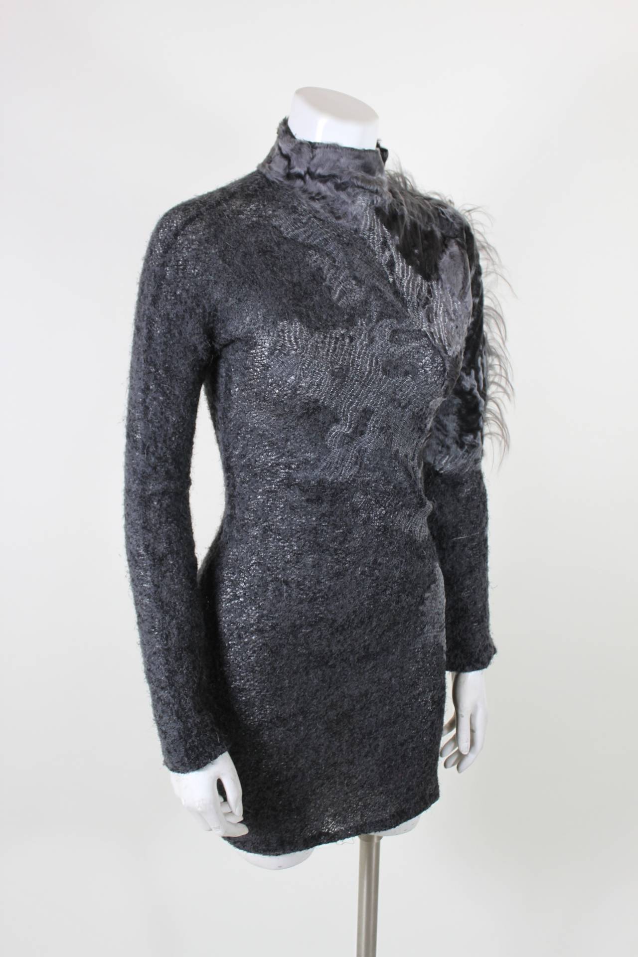 Ferré 1990s Gray Knit and Multi-Fur Minidress For Sale 1