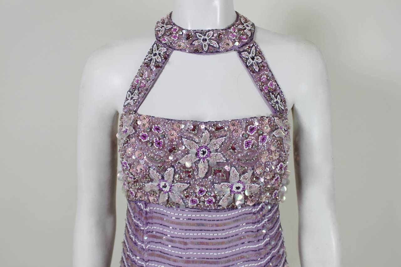 Gray 1990s Lavender Floral Motif Sequined & Beaded Gown For Sale