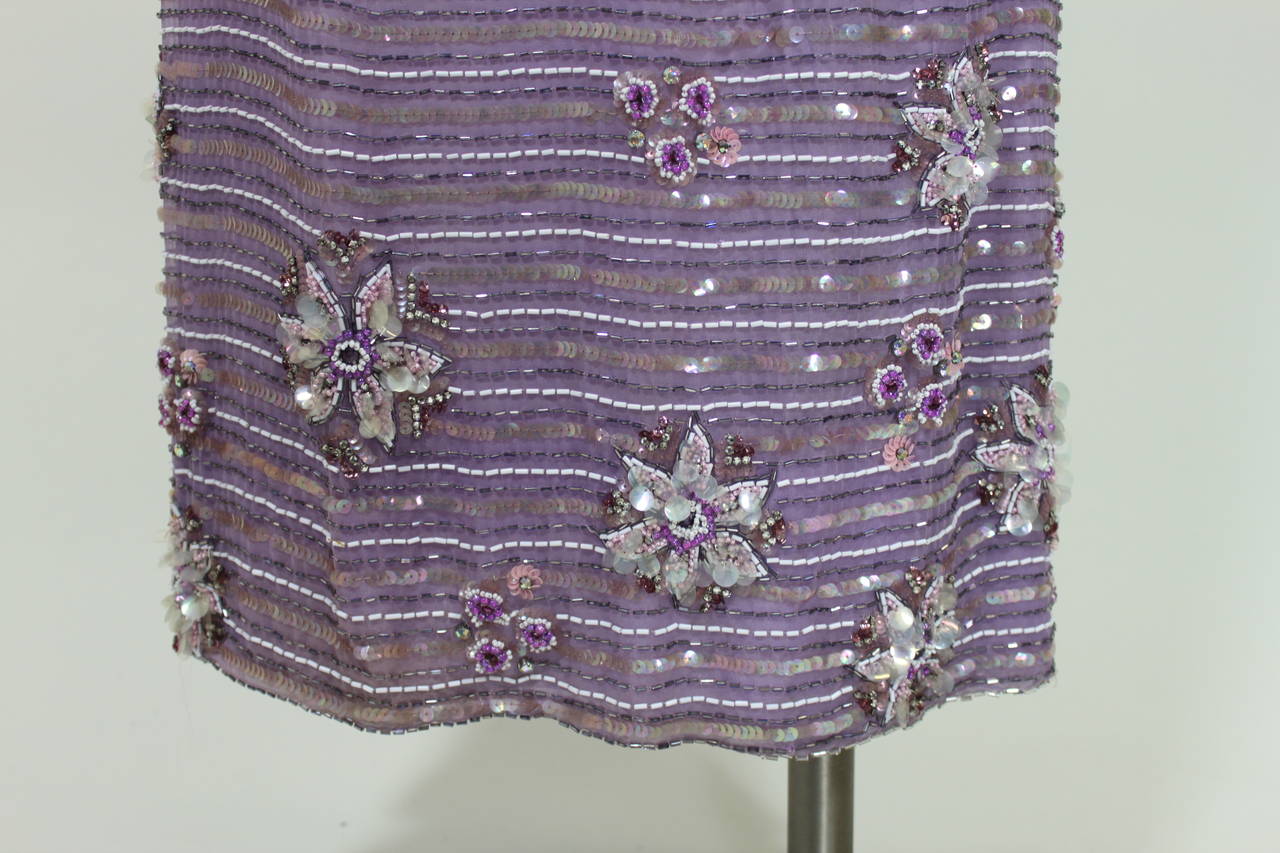 1990s Lavender Floral Motif Sequined & Beaded Gown In Excellent Condition For Sale In Los Angeles, CA