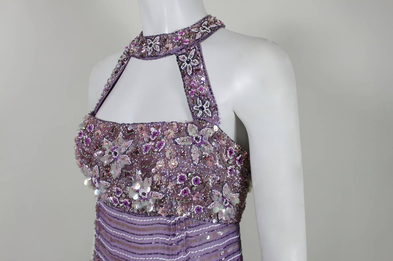 1990s Lavender Floral Motif Sequined & Beaded Gown For Sale 1