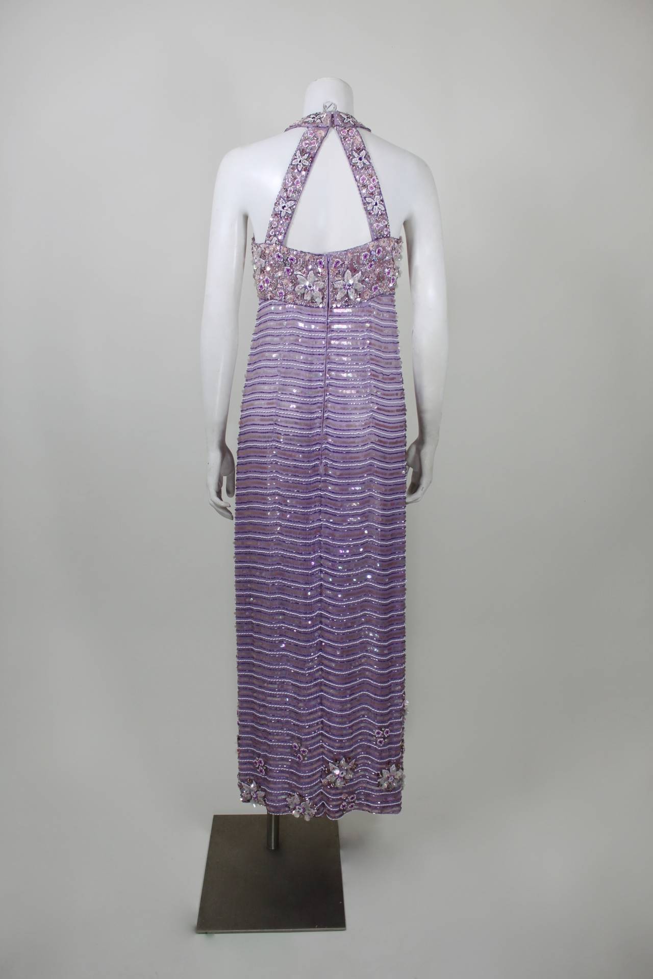 1990s Lavender Floral Motif Sequined & Beaded Gown For Sale 2