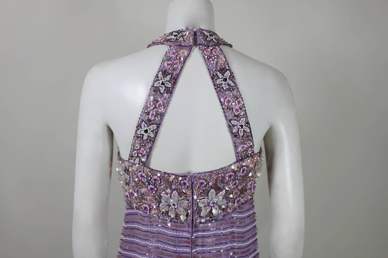1990s Lavender Floral Motif Sequined & Beaded Gown For Sale 3