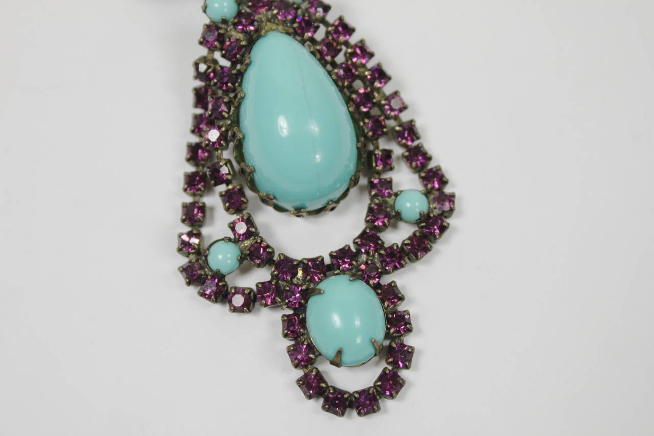 Kenneth Jay Lane 1960s Faux Turquoise and Plum Rhinestone Earrings In Excellent Condition For Sale In Los Angeles, CA