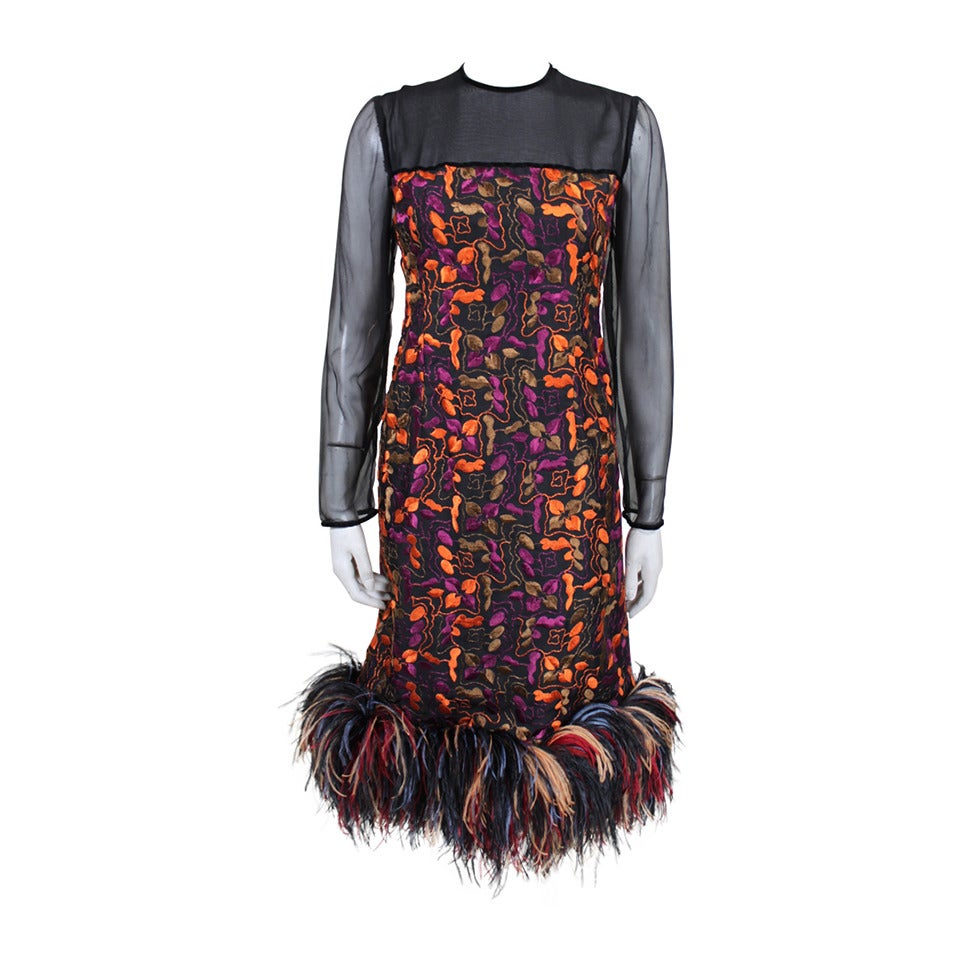 Fabulous Embroidered Cocktail Dress with Rainbow Ostrich Feather Trim For Sale