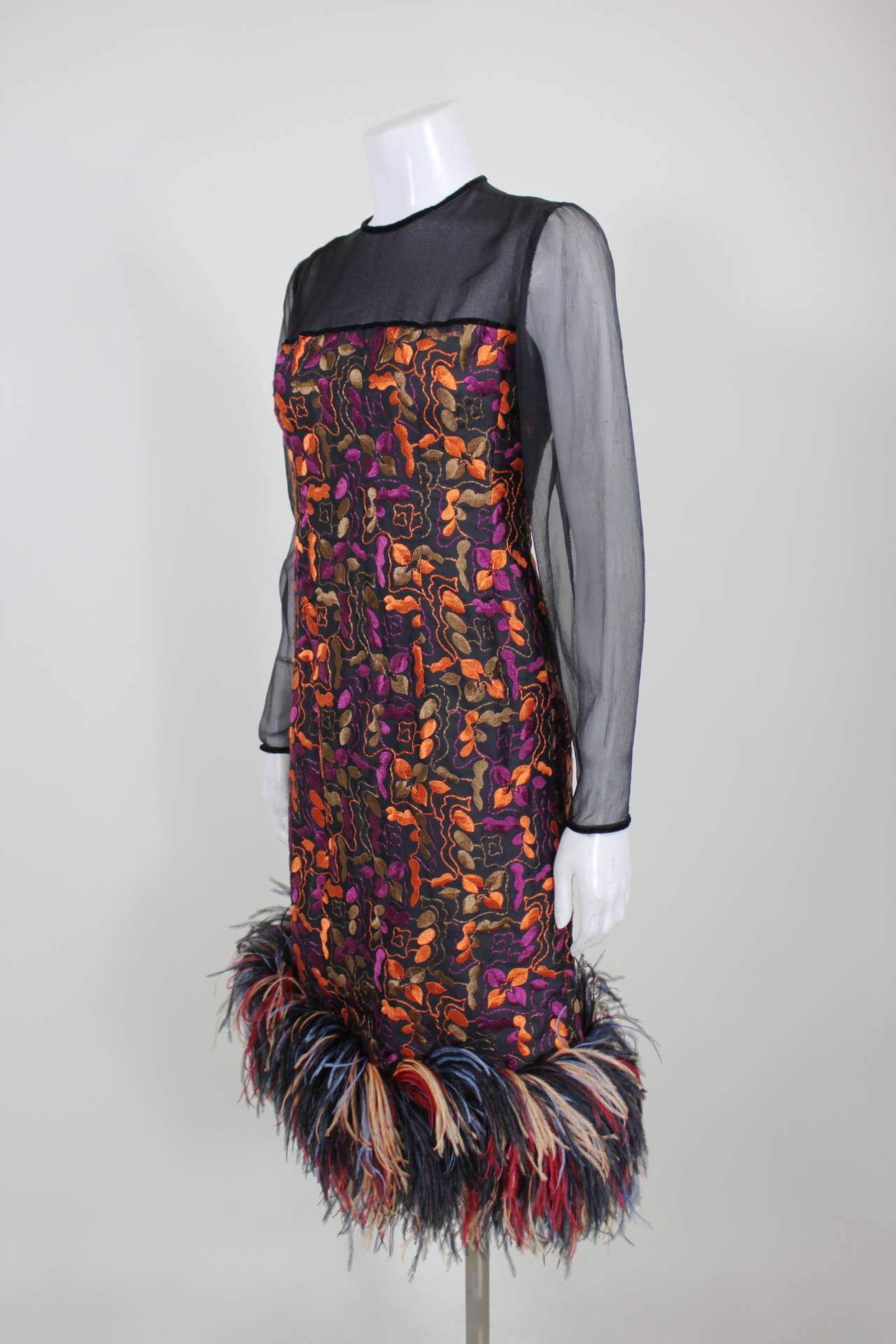 Black Fabulous Embroidered Cocktail Dress with Rainbow Ostrich Feather Trim For Sale